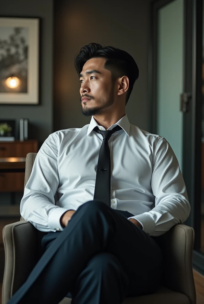photo of a gentleman korean, (2nt13:1.2), necktie, open dress shirt, dress pants, muscular, stubble, mature, cinematic lighting, sitting in a chair, at the office