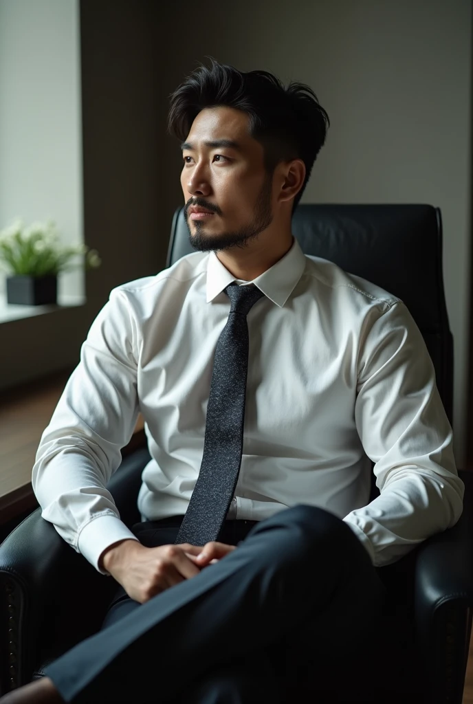 photo of a gentleman korean, (2nt13:1.2), necktie, open dress shirt, dress pants, muscular, stubble, mature, cinematic lighting, sitting in a chair, at the office