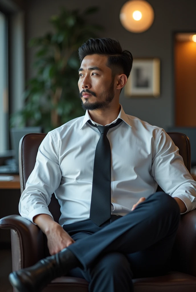 photo of a gentleman korean, (2nt13:1.2), necktie, open dress shirt, dress pants, muscular, stubble, mature, cinematic lighting, sitting in a chair, at the office