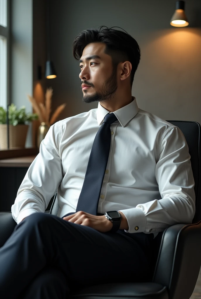 photo of a gentleman korean, (2nt13:1.2), necktie, open dress shirt, dress pants, muscular, stubble, mature, cinematic lighting, sitting in a chair, at the office