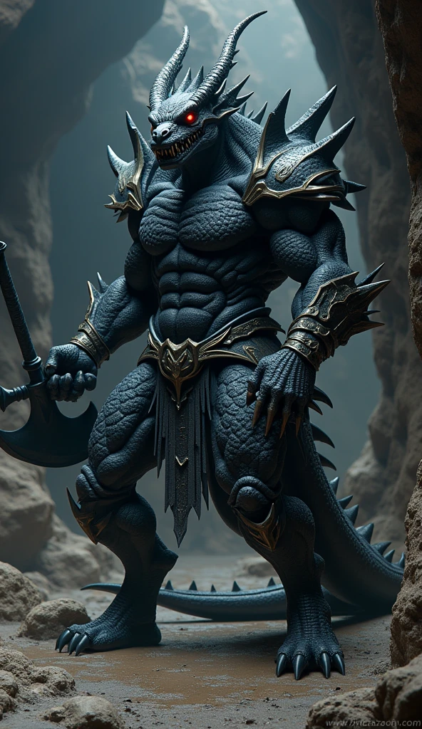 homme dragon noir, tête de dragon noir,corpulence impressionnante ,une armure d'écaille de dragon noirs,les yeux sont rouges,il a une hache énorme noir,armure imposante,armure très solide,armure chevalier,armure démoniaque,très agressif,menaçant,puissant,musclé,peau à écaille noir,réaliste,photo,grotte sombre