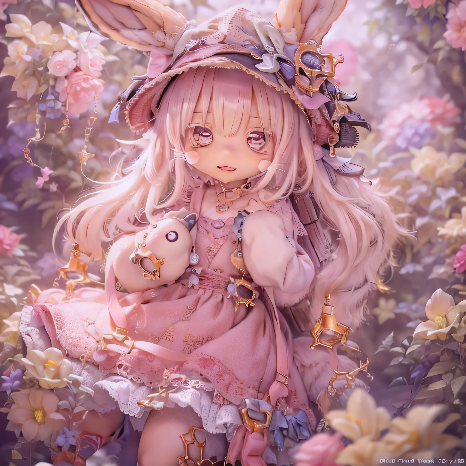 in the garden, smile, Similar to Nanachi from Made in Abyss. She is beautiful, Beautiful eyes and lips.  (((Chibi Style,))) . Image quality is excellent, Highly detailed and realistic features. The medium of this work is、Combining illustration and photorealistic rendering.. The colors are vivid、The lighting creates a warm and bright atmosphere。 whole body(((((Cute pink dress)))))Contrasting cute poses