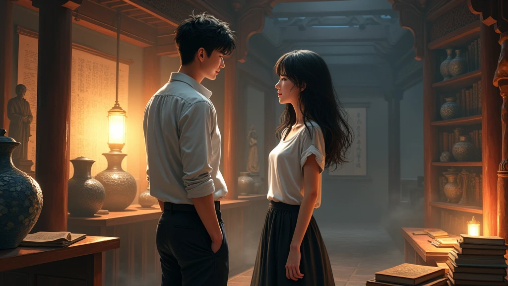 A mysterious and dimly lit room filled with ancient Chinese artifacts and old Chinese books. The only light comes from a faint lantern. In the room, a handsome 2 male student is dressed in a white long-sleeve shirt with rolled-up sleeves tucked into black trousers. He is smiling slightly and looking at a 20-year-old female student. She has long black hair with bangs, wearing a white short-sleeve shirt and a long black pleated skirt. She is standing, gazing at the various items in the room with interest and excitement.