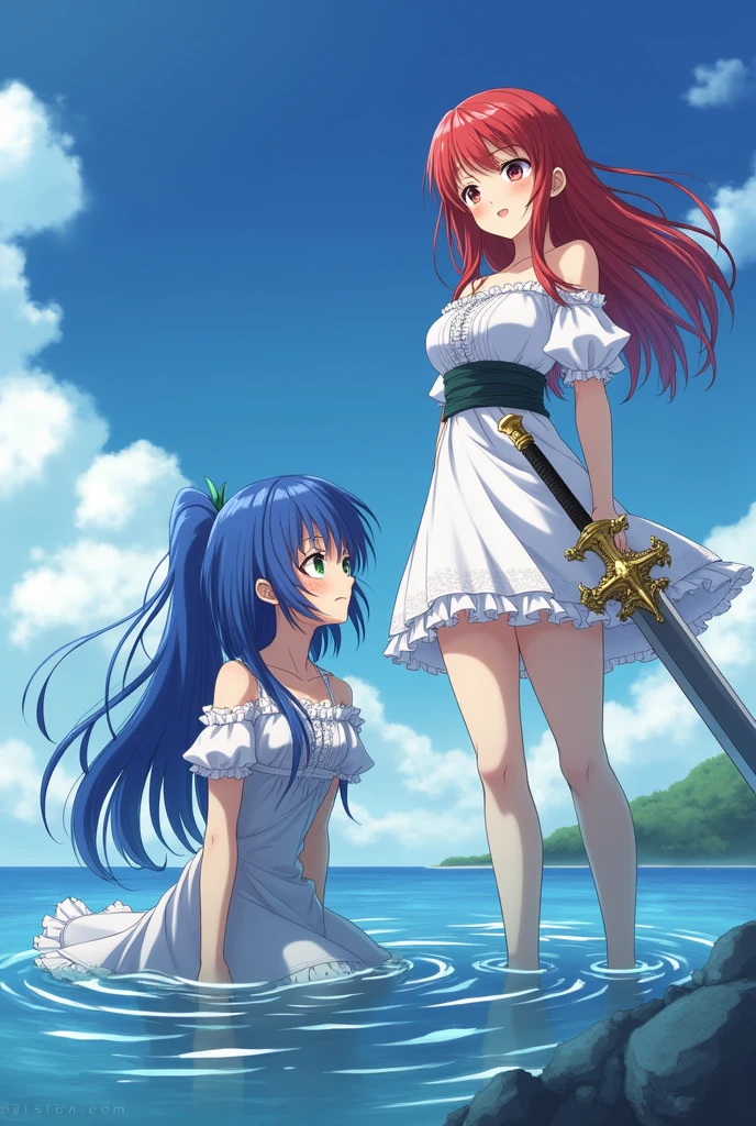 2 girls, one is fucked up the other is fucked up,the first one to let herself into the water, another one stands with a big sword, anime, dress, beauties, the first girl with blue hair, the second one and the red hair