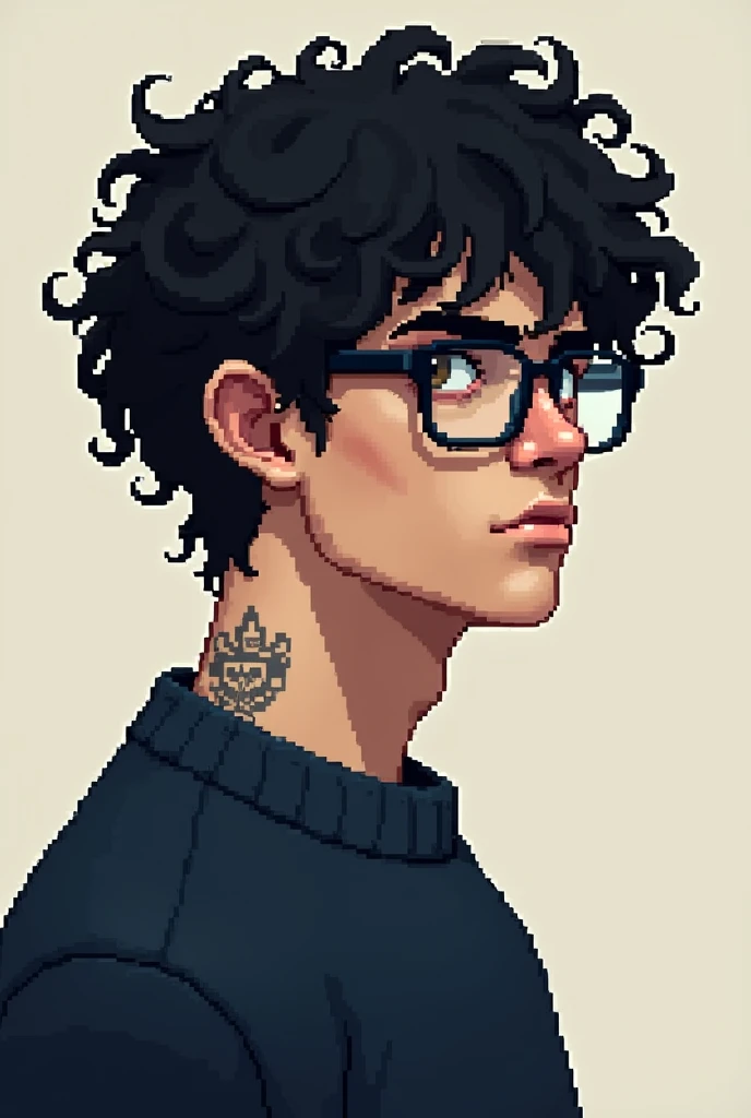 Strong emo pixel art man with very curly black hair, with glasses, navy blue sweater, eyes browns, with a serious face, with a small tattoo on his neck, with a slightly mature face