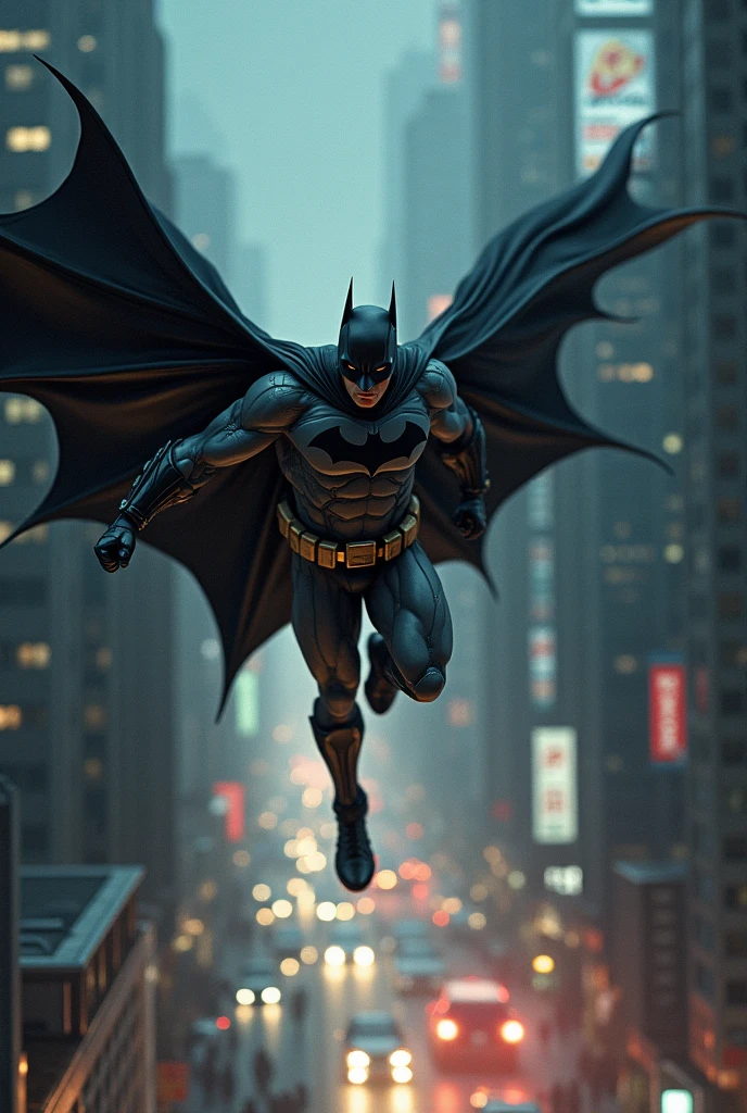 Batman gliding fast through the city