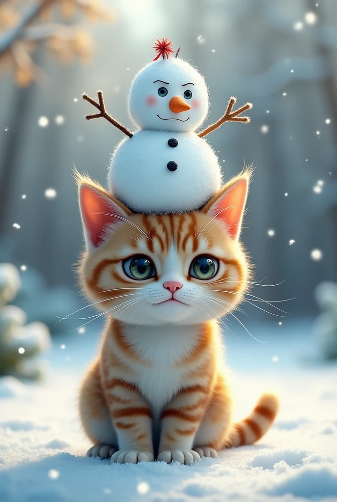snowy garden、Cat with a snowman on its head、Dissatisfied face、cute、Digital Art、photo、