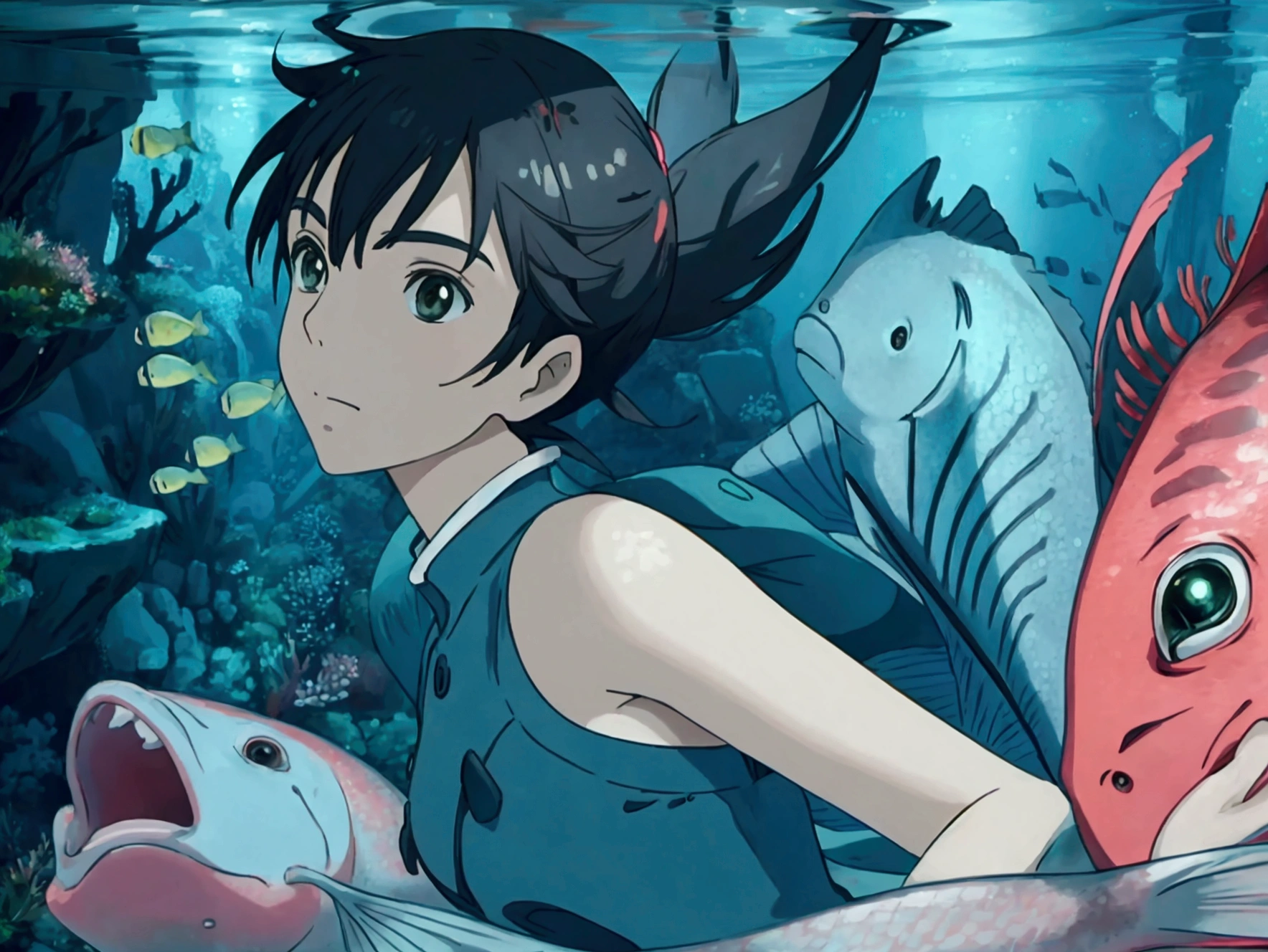 Makoto Shinkai style　Underwater　Girl riding a fish surrounded by fish　