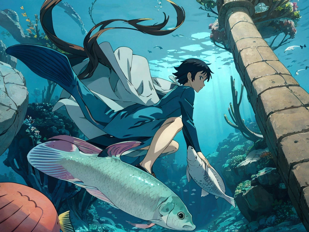 Makoto Shinkai style　Underwater　Girl riding a fish surrounded by fish　