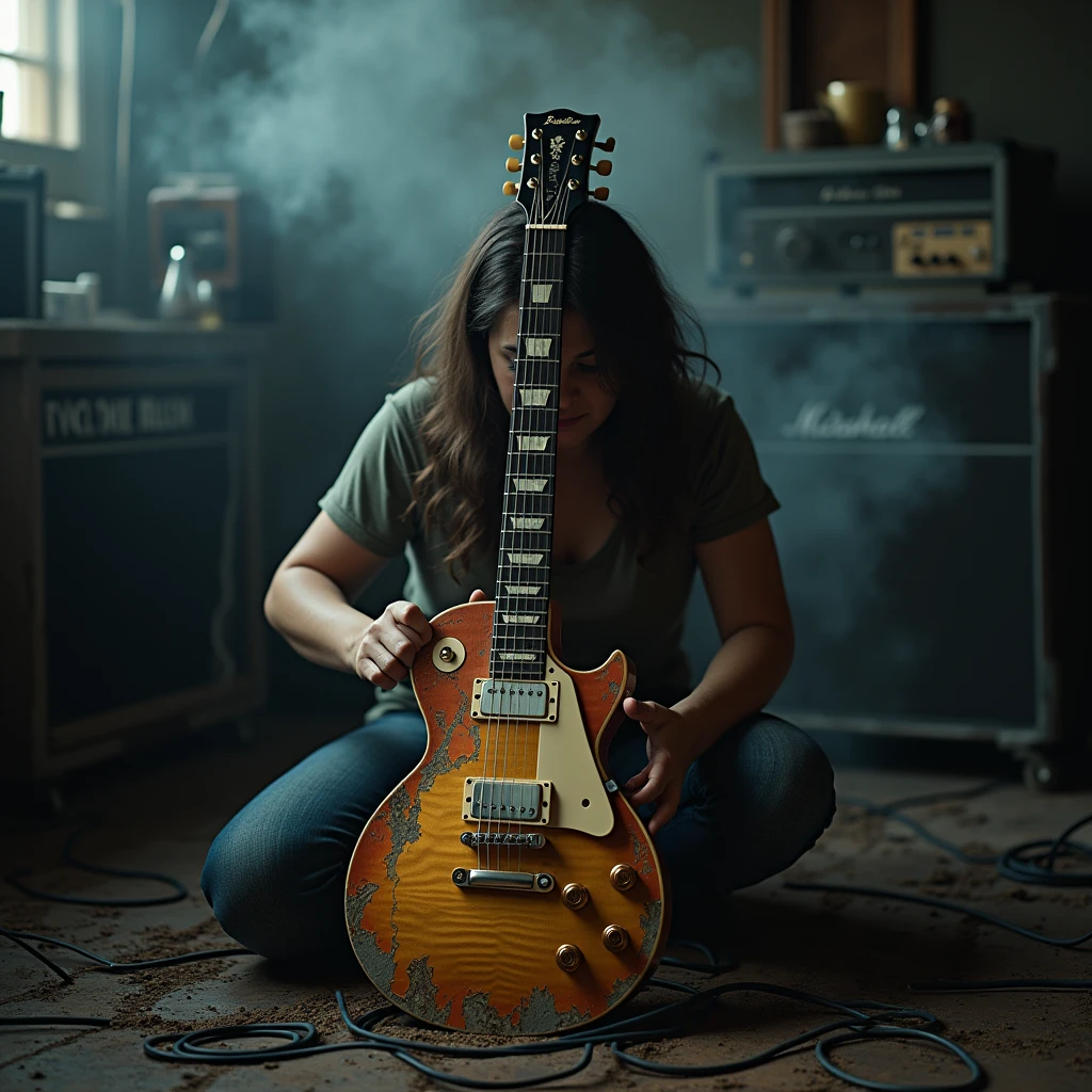 Shame Woman - Black Gibson Les Paul guitar with tattered and peeling paint - Super Real Gibson Electric Guitar,Smoke coming out of the guitar amp、Many tangled electrical cords、