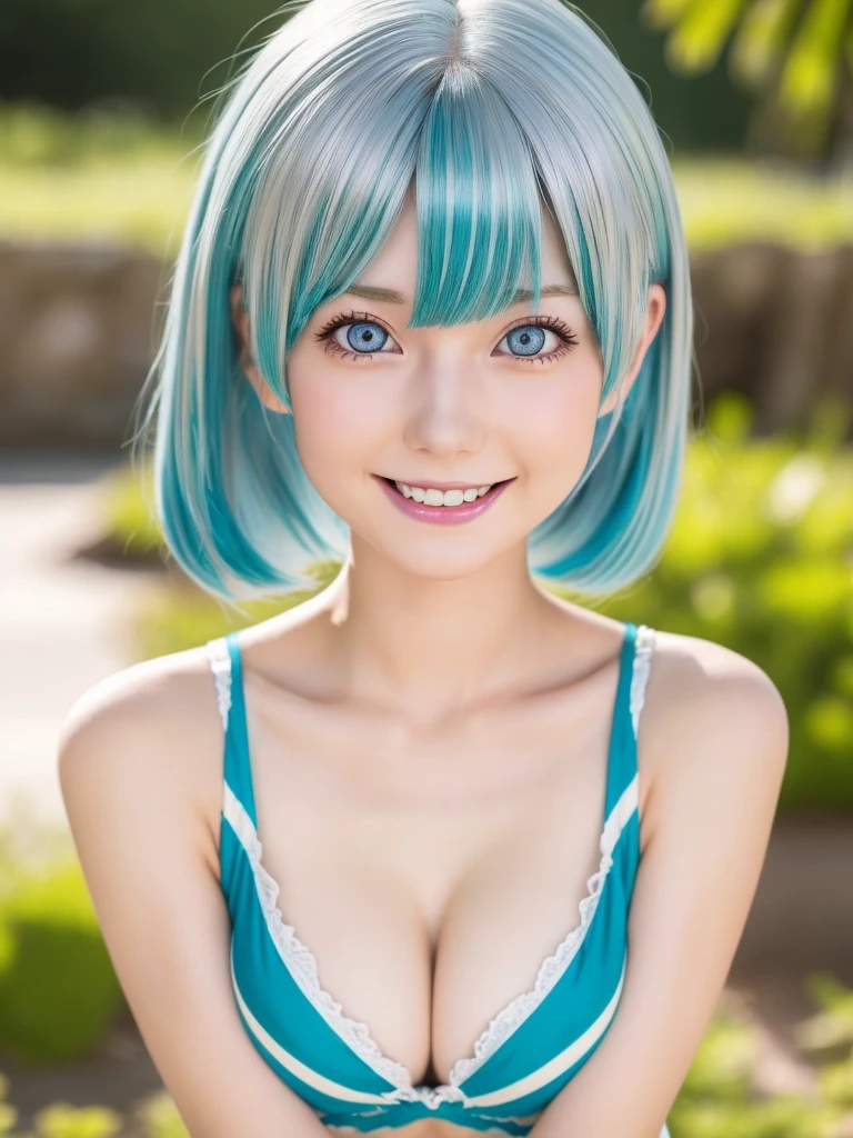 She has short platinum silver hair.、Beautiful young girl, Large clear pale blue eyes, A balanced perspective, And a kind smile, Wear the costume of Lum from Urusei Yatsura, Highly detailed and realistic, 8k, Very detailed, Realistic, Masterpiece