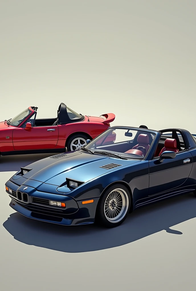 A beatifull 1987 Alpina B3 2.7 Stroker painted on dark metalic navy blue, its posing together with a red 1992 Mazda Mx5 Miata Roadster NA