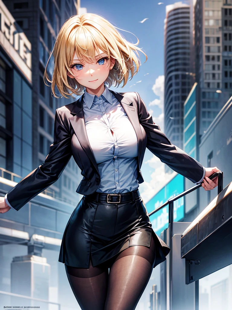 Anime style, super fine illustration, highly detailed, beautiful detailed, perfect detailed, super high quality image, static representation, gentle expression, happy expression, the pretty image, 8k, pretty 1girl with blonde straight short hair & blue eyes & a bright smile & full bust & soft fair skin is a female secretary not to show her skin wearing the business shirt & vest & black tight skirt & black pantyhose on the urban business buildings street, holding 1bag, in the morning, no more bag, happy stories, solo, perfect fingers, no more fingers, no less fingers, perfect arms, perfect legs, masterpiece.