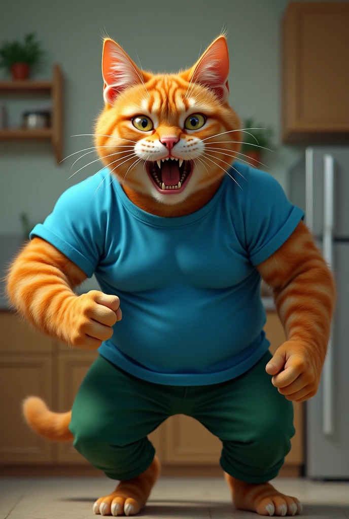 A big muscular orange cat wearing a blue shirt and green pants is sad, opens his mouth and is very shocked, alone in the kitchen.