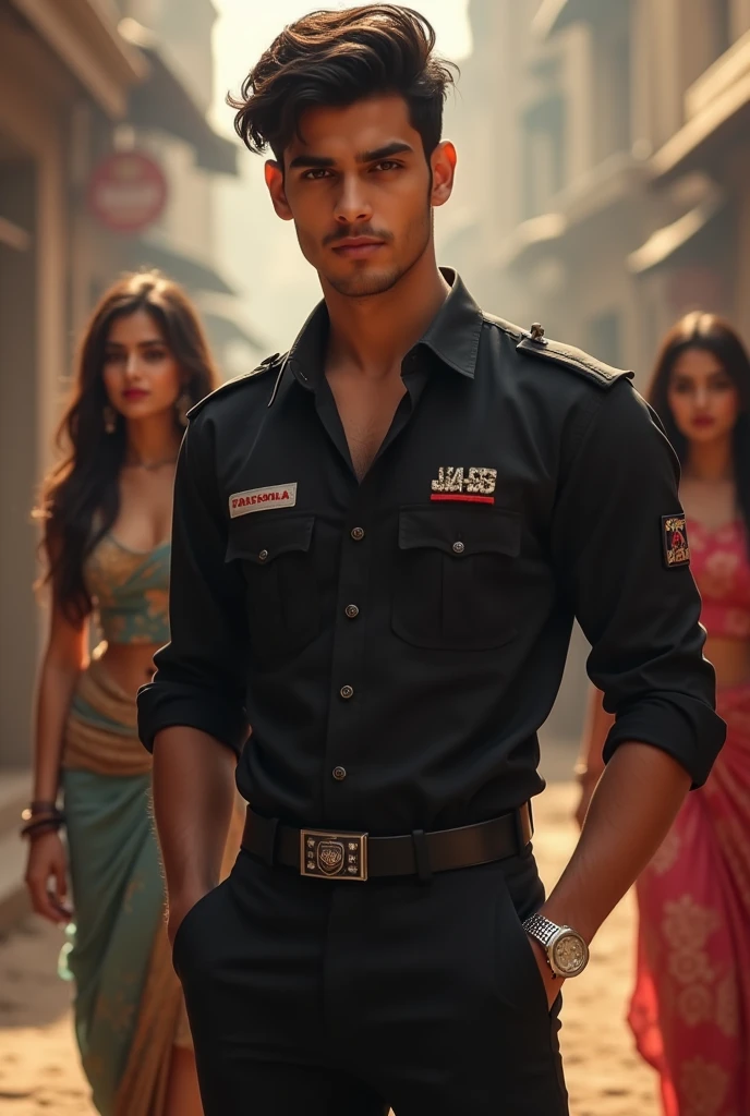 "Handsome  boy  in a black shirt with 'Jass' written as a sticker, black pants, and wearing a diamond watch. He should look like an officer or businessman. Two Punjabi girls in the background looking at him. The scene should have a touch of Punjabi culture."