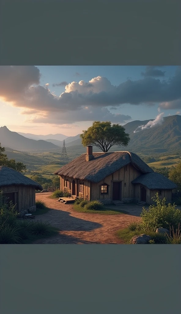 A small, rural village in Mvezo, Eastern Cape, South Africa. The camera captures a peaceful African landscape with traditional huts.