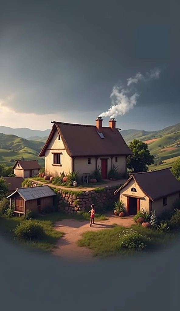 A small, rural village in Mvezo, Eastern Cape, South Africa. The camera captures a peaceful African landscape with traditional huts.