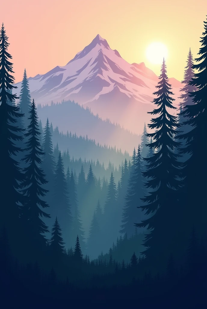 A beautiful place of nature, with Douglas fir trees and mountains, sunrays fromsunset, Artstyle like alto's adventure, Among trees game. Among trees, FJRD amongtrees game, Aesthetic violet,blue, dar forest.