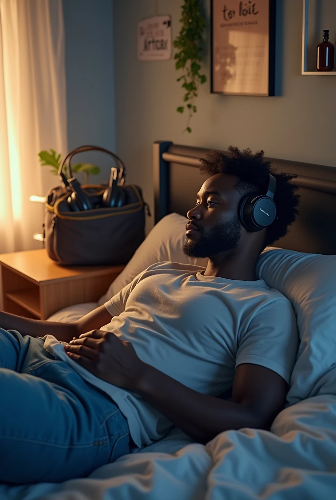 A young African American adult man relaxing on his bed in his bedroom with headphones on, four stuffed with computer tools and equipment 