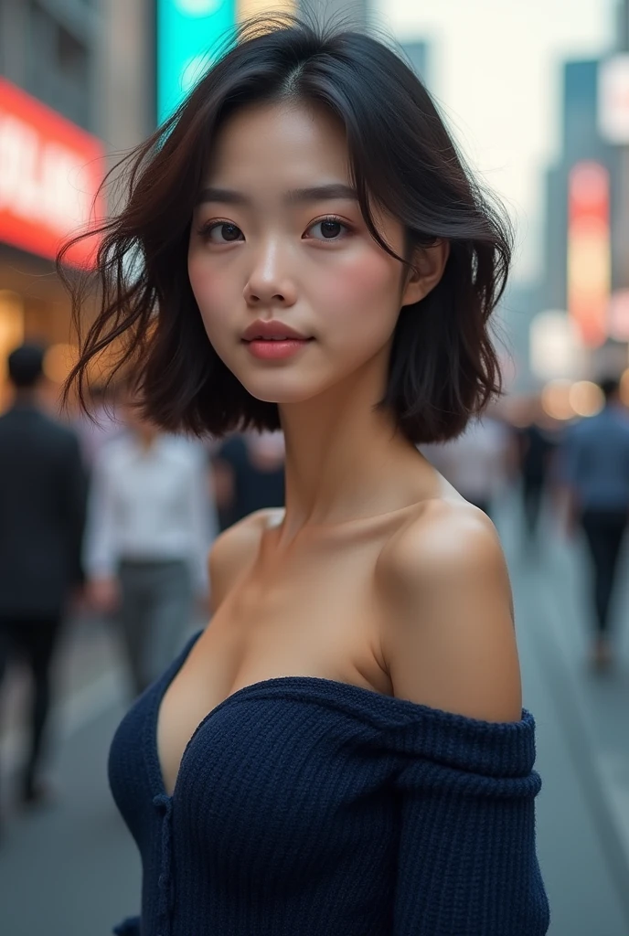 Detailed details,、high resolution、high quality、Perfect dynamic composition、Beautiful detailed eyes、short-hair、Small breasts、Natural Color Lip、Kamimei、Shibuya、20 years girl、1 persons、Transparent skin、Glowing hair、masterpiece、Best Quality、finely detail、high resolution、8K、The correct state of the human body、She wears a navy blue long knit dress、randome pose、Gravure Model Pose、Hair soaring in the wind