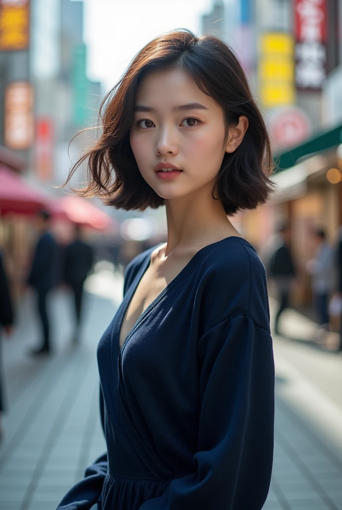 Detailed details,、high resolution、high quality、Perfect dynamic composition、Beautiful detailed eyes、short-hair、Small breasts、Natural Color Lip、Kamimei、Shibuya、20 years girl、1 persons、Transparent skin、Glowing hair、masterpiece、Best Quality、finely detail、high resolution、8K、The correct state of the human body、She wears a navy blue long knit dress、randome pose、Gravure Model Pose、Hair soaring in the wind
