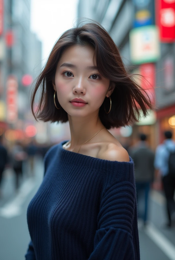 Detailed details,、high resolution、high quality、Perfect dynamic composition、Beautiful detailed eyes、short-hair、Small breasts、Natural Color Lip、Kamimei、Shibuya、20 years girl、1 persons、Transparent skin、Glowing hair、masterpiece、Best Quality、finely detail、high resolution、8K、The correct state of the human body、She wears a navy blue long knit dress、randome pose、Gravure Model Pose、Hair soaring in the wind