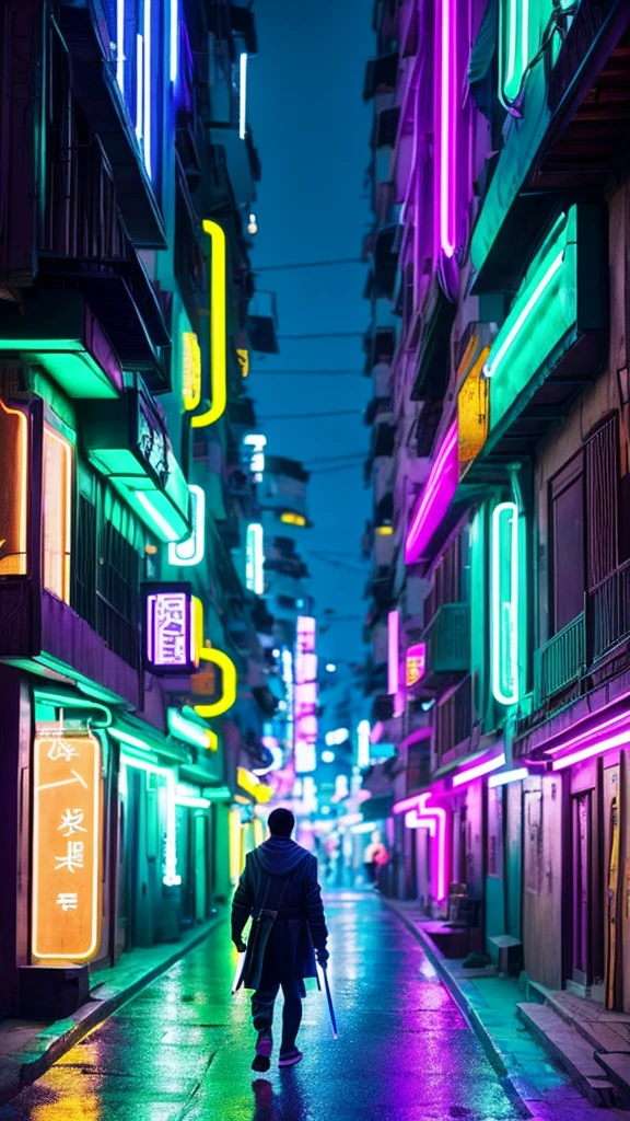 A Jedi walking through a neighborhood in South Korea, He has his green lightsaber in his right hand and the buildings have neon signs , (colors, celeste, purple, turquoise)