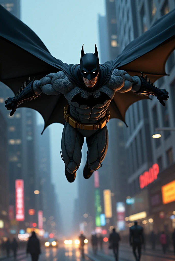 Batman gliding fast through the city