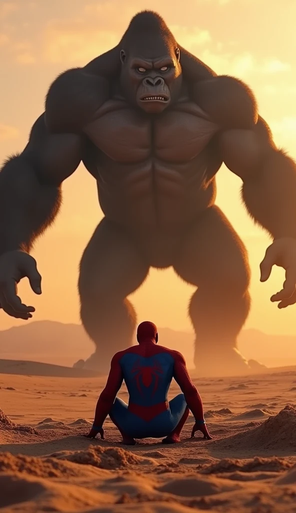 This image shows Spider-Man sitting in a pit in the middle of a desert, with a gigantic Gorilla towering in front of him. The Gorilla has its hood spread and appears ready to strike. The scene seems to be set during sunset, creating a dramatic and tense atmosphere. The image is highly stylized and likely represents a digitally created artwork or an imaginative scenario.