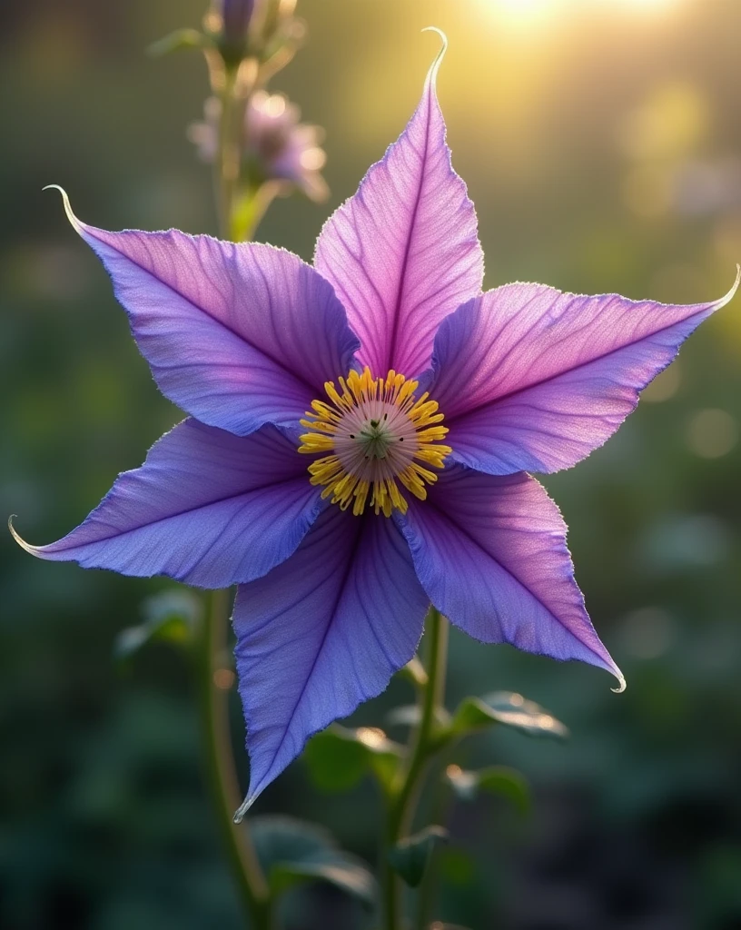 realistic Columbine (Aquilegia spp. 'Purple Majesty', Create an image of a Columbine (Aquilegia spp. 'Purple Majesty') flower in full bloom, showcasing its intricate, delicate petals in a vivid purple hue with a hint of blue. The flower should have a central yellow stamen cluster, with its petals gently arching outward in a star-like formation. The background should be a lush, natural garden setting with soft-focus greenery, highlighting the flower’s elegance. The lighting should be warm and natural, casting subtle shadows to enhance the flower's texture, making it look realistic and eye-catching. Include slight dew drops on the petals to add a fresh, morning feel.
