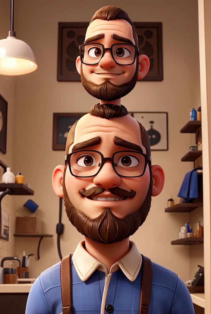 young bald hairdresser, with beard, wearing glasses and holding a hairdryer