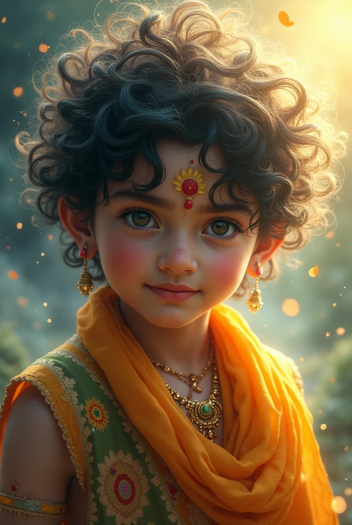 a divine child krishna,beautiful detailed eyes,beautiful detailed lips,extremely detailed eyes and face,longeyelashes,ornate traditional indian clothing,intricate jewelry,cinematic lighting,dramatic cinematic angle,cinematic composition,rich vibrant colors,warm color palette,glowing divine aura,ethereal mystical atmosphere,award winning digital art,masterpiece,best quality,8k,photorealistic,studio lighting,physically-based rendering