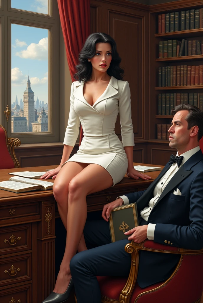 A highly realistic and detailed visual depiction of Lady Ophelia d'Aurelis sitting in her opulent office within the Imperial Treasury. Lady Ophelia is perched on the edge of her ornate desk, her posture deliberately provocative. She's wearing a crisp white tailored suit with a short pencil skirt that has ridden up slightly, revealing more of her legs than would be considered proper. Her dark hair is styled elegantly, and her expression is a mix of confidence and subtle amusement.
Across from her, one of the ministers sits in a plush chair, visibly uncomfortable. His eyes dart around the room, avoiding direct eye contact with Lady Ophelia. He clutches a portfolio tightly, his knuckles white with tension. The minister's discomfort is palpable, a stark contrast to Lady Ophelia's relaxed demeanor.
The office itself is a testament to wealth and power. Rich mahogany bookshelves line the walls, filled with leather-bound financial tomes. A large window behind Lady Ophelia's desk offers a panoramic view of the capital city, emphasizing her elevated position both literally and figurativel