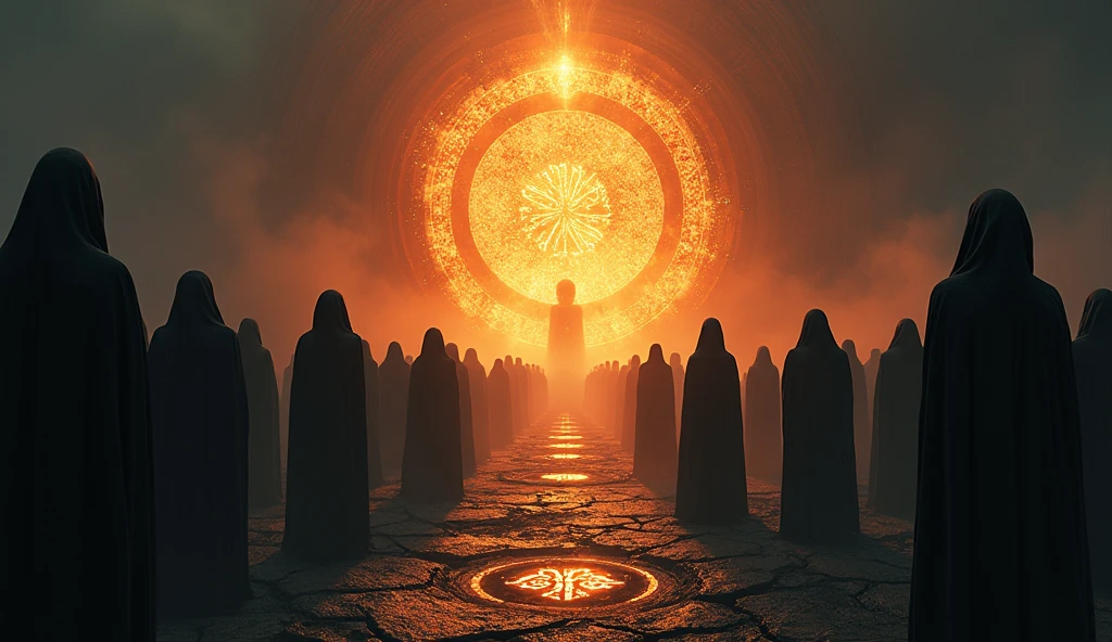 Cinematic scene of a dark magic ritual: hooded figures chanting around a glowing, dark portal. The ground cracked and emitting dark energy. Realistic, mystical, and ominous, highlighting the rise of dark powers. Include intricate symbols and runes glowing on the ground, adding to the mystic atmosphere. High level of detail and realism to match cinematic quality.
