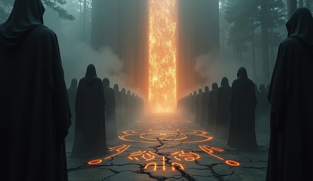 Cinematic scene of a dark magic ritual: hooded figures chanting around a glowing, dark portal. The ground cracked and emitting dark energy. Realistic, mystical, and ominous, highlighting the rise of dark powers. Include intricate symbols and runes glowing on the ground, adding to the mystic atmosphere. High level of detail and realism to match cinematic quality.
