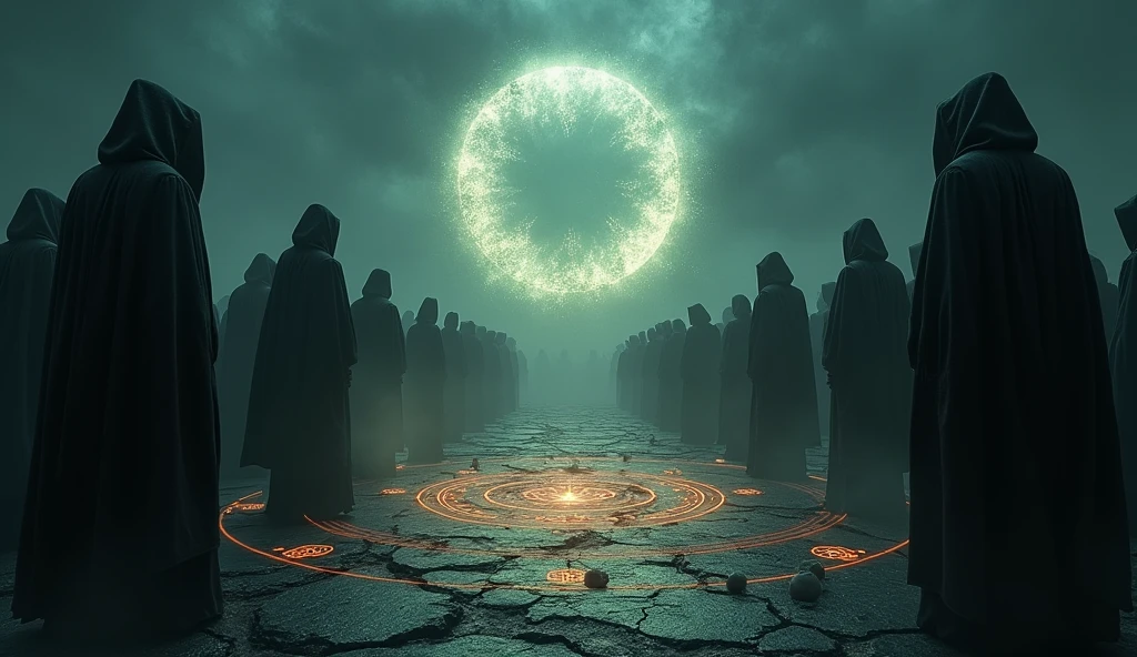 Cinematic scene of a dark magic ritual: hooded figures chanting around a glowing, dark portal. The ground cracked and emitting dark energy. Realistic, mystical, and ominous, highlighting the rise of dark powers. Include intricate symbols and runes glowing on the ground, adding to the mystic atmosphere. High level of detail and realism to match cinematic quality.
