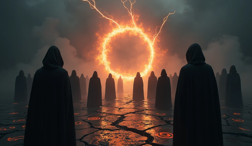 Cinematic scene of a dark magic ritual: hooded figures chanting around a glowing, dark portal. The ground cracked and emitting dark energy. Realistic, mystical, and ominous, highlighting the rise of dark powers. Include intricate symbols and runes glowing on the ground, adding to the mystic atmosphere. High level of detail and realism to match cinematic quality.