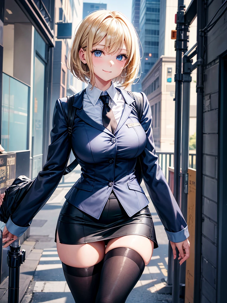 Anime style, super fine illustration, highly detailed, beautiful detailed, perfect detailed, super high quality image, static representation, gentle expression, happy expression, the pretty image, super stylish, 8k, pretty 1girl with blonde straight short hair & blue eyes & a bright smile & full bust & soft fair skin is a career woman supervisor who is not to show her skin wearing big light blue business shirt & black summer tailored jacket & black tight skirt & black pantyhose on the urban business buildings street, in the morning, solo, perfect fingers, no more fingers, no less fingers, perfect arms, no more arms, perfect legs, no more legs, no more hair, masterpiece.