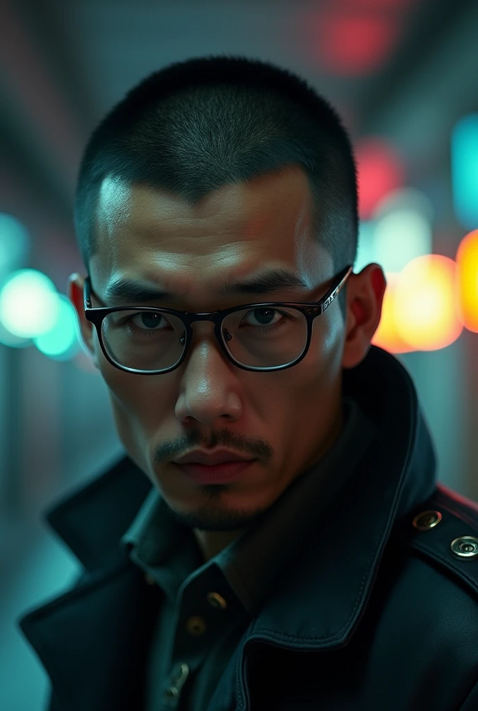 An Asian face, military hair, wearing glasses, short eyebrows, small eyes, Man, background phong cách bladerunner 2049
