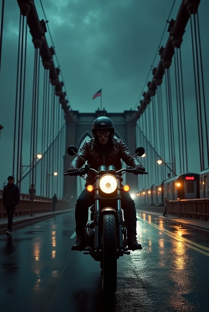 Riding Royal Enfield Bullet in Brooklyn bridge in rain at dark night with civilian walking and train running in parallel