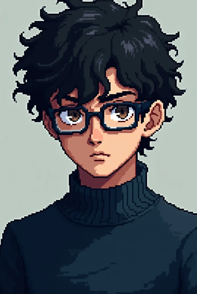 Strong emo pixel art man with very curly black hair, with glasses, navy blue sweater, eyes browns, with a serious face, with a slightly mature face