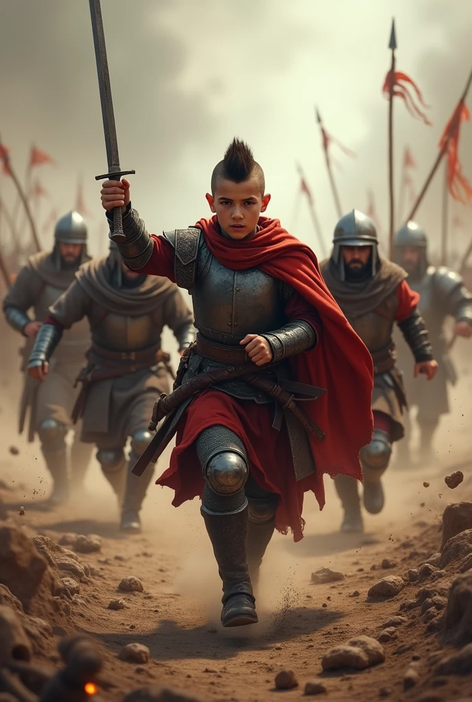 Medieval mercenary squad led by a 2 boy, He has short mohawk-style hair with shaved sides., Spanish nationality, He is raising a sword, He is right-handed, realistic image, There is movement, They are on a battlefield, They are running, image sensation: epic