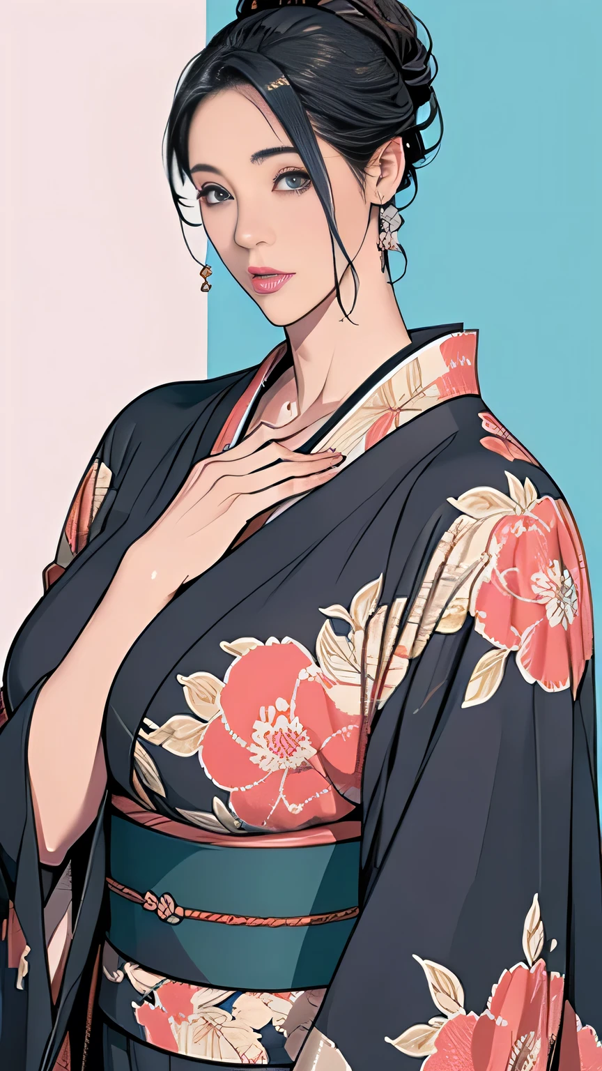 1,Japanese hairstyle,Photorealism,detailed,masterpiece,mature,((full)), (Broad shoulders), ((Huge)),Plus size mature women,expensive,30 years old,Pretty face, (Plump woman),Beautiful long-sleeved kimono,kimono,Hold your chest with both hands:1,high quality,Are standing,High Resolution 4K Information,Kyoto,