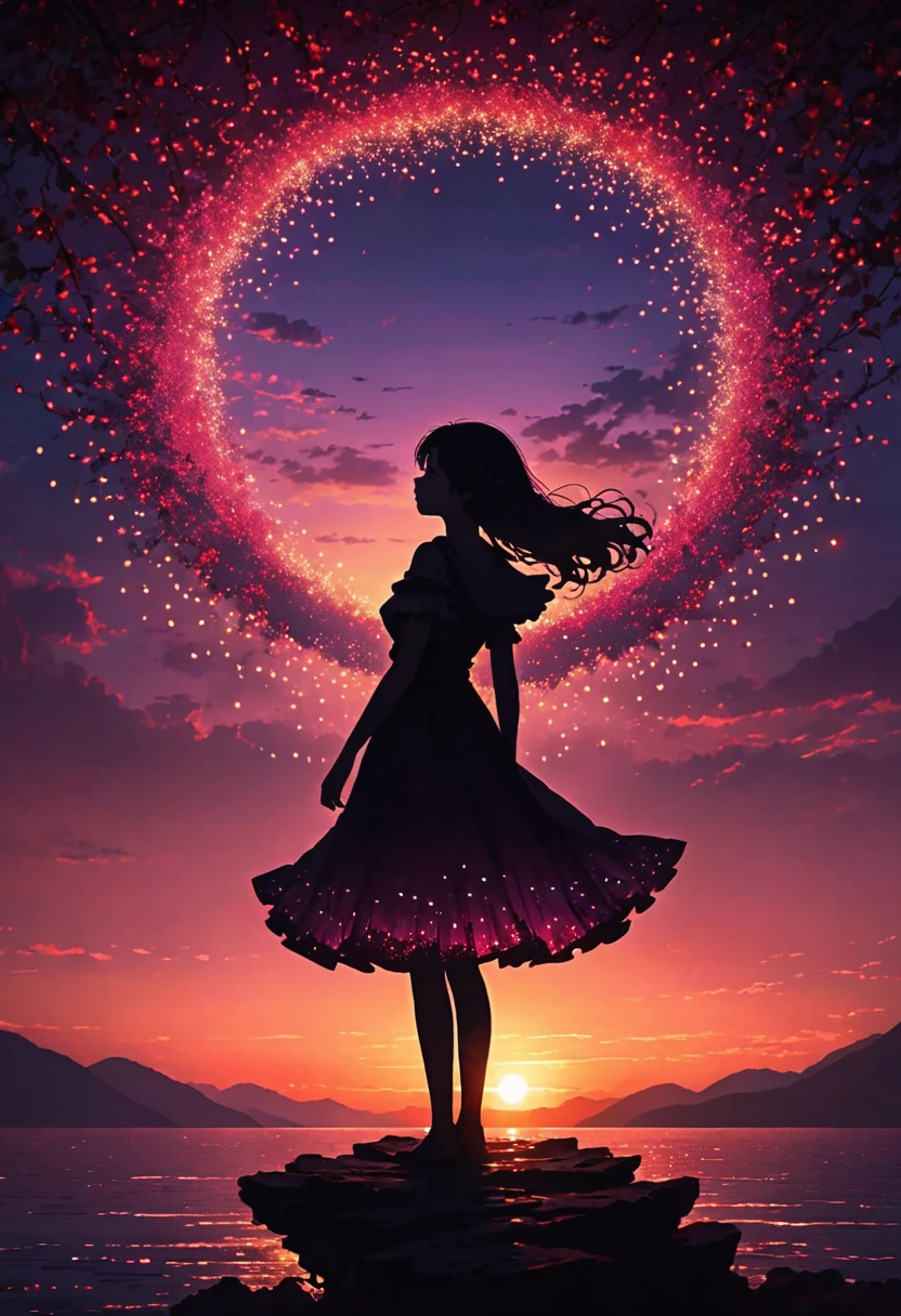 The image depicts a silhouette of a girl standing against a stunning sunset background. The sky transitions from a deep purple , near the horizon to a deep red as it ascends. The figure appears to be enveloped in a series of tiny glowing fairy lights, some of which are illuminated, creating a stunning and captivating contrast to the dark silhouette. The figure appears to be holding out one arm, perhaps adjusting to or interacting with the lights. The overall mood of the image is peaceful and magical.