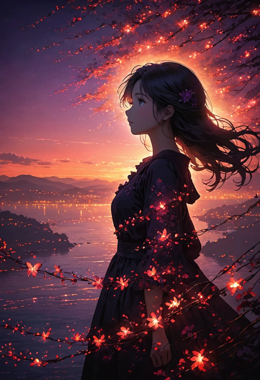 The image depicts a silhouette of a girl standing against a stunning sunset background. The sky transitions from a deep purple , near the horizon to a deep red as it ascends. The figure appears to be enveloped in a series of tiny glowing fairy lights, some of which are illuminated, creating a stunning and captivating contrast to the dark silhouette. The figure appears to be holding out one arm, perhaps adjusting to or interacting with the lights. The overall mood of the image is peaceful and magical.