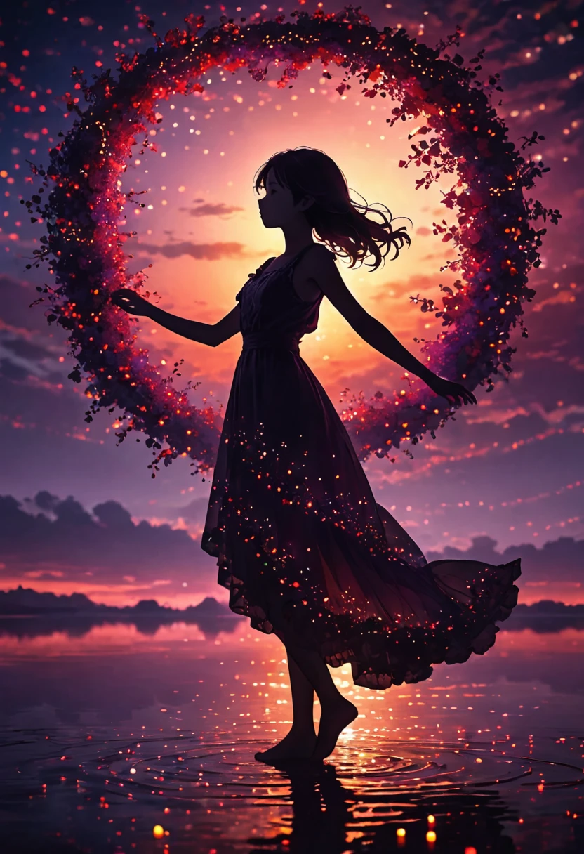 The image depicts a silhouette of a girl standing against a stunning sunset background. The sky transitions from a deep purple , near the horizon to a deep red as it ascends. The figure appears to be enveloped in a series of tiny glowing fairy lights, some of which are illuminated, creating a stunning and captivating contrast to the dark silhouette. The figure appears to be holding out one arm, perhaps adjusting to or interacting with the lights. The overall mood of the image is peaceful and magical.