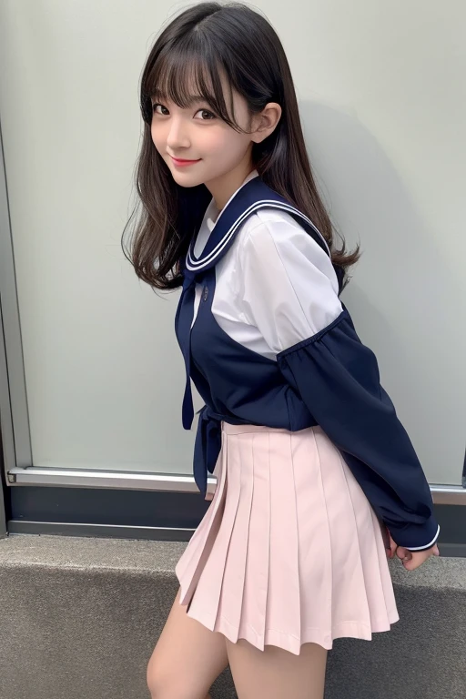 ((whole body:1.2,Voyeurism from the side:1.2,From afar:1.2)),((whole bodyポートレート:1.5))
Number of people;two genders: Beautiful Girl Age: Height at : 158cm
Body type: Thin and slender skin tone: Bright pink hair color: Black hair length: Chest-long hair: Straight hair
Bangs: Blunt, long eyes, face shape: Oval forehead width: Medium eyebrow shape: Thin, slightly arched eyebrows: Eye pupil shape: big、Slightly rounded eye color: Dark brown eyelash length: Long and Curly Eyelashes: Black
Nose shape: smallて上向き
鼻の高さ: Low mouth shape: small、Beautiful lip line and lip color: Pink
歯: smallて整った白い歯
顎の形: Sharp ear shape: small、Slightly rounded earlobe: smallてthin
ホクロ: Outer line of left eye5cmSmall mole under face: Fluffy cheek skin texture: Shiny, smooth skin condition: Natural no-makeup look: Smiling and bright eyes: bigぱっちり開いている
頬の赤み: Natural cheek effect Jaw line: Sharp and small chin
Pupil sparkle: Sparkling cheek lines: Soft and round neck: thin、Delicate hand size: small、Long fingernail shape: small丸い
爪の色: Natural BreastVery large arm size: thin
Leg length: Slightly longer than height
Leg thickness: thinて引き締まっている
肩の幅: Slightly narrow clavicle: Visible waistline: thinてなだらか
姿勢: Run with your back straight: A light and rhythmic face angle: Sailor uniform front features Sailor uniform colors: White ribbon color: Bright red ribbon bow shape: The size of the ribbon tied in a simple shape: Small and modest sleeve shape: Short and narrow skirt shape: Pleated skirt
Skirt color: Navy blue
Skirt length: 15cm above the knee, socks color: White
Sock length: Crew socks to below the knee
Shoe color: Black
Shoe shape: Loafers
Tie shape: Wrapped under the sailor collar
Tie color: red skirt fit: Fits perfectly at the waist Number of collar lines: 1Line sailor suit fabric: Cotton and polyester blend. Mr.々Facial expressions and poses.: A shy smile, Gaze direction: Slight right upper hand movement: Brushing hairBody orientation: Front shoulder height: Natural Height、Relaxed facial expression details: A smile that exudes kindness