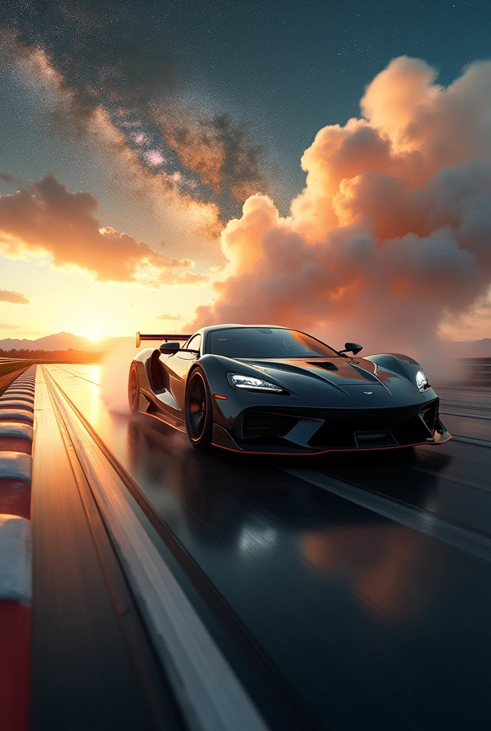 Professional wide angle action shot photo of a sports car on the racing track. Huge smoke clouds, Milky Way, highly detailed, complex background, perfect lighting, lens flares, shadows, golden hour, sunset, film grains, masterpiece, highest quality