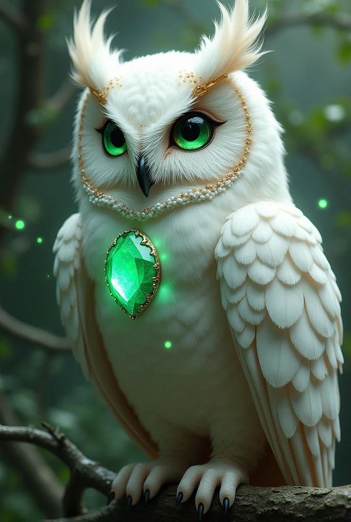 I want to create a very beautiful owl with attractive eyes and wearing a green stone with white feathers and a fantasy style.