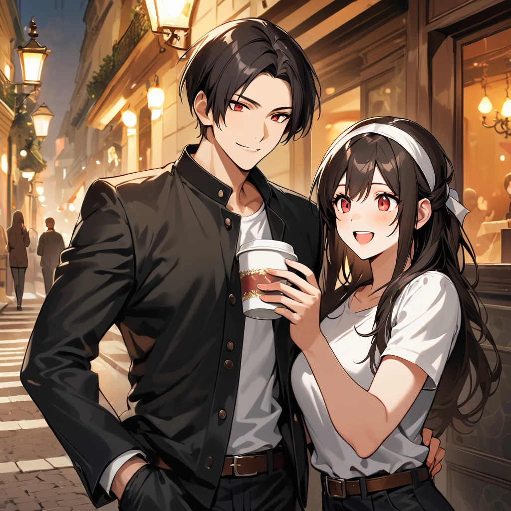 Orochikyo, two people, dark skin, red eyes, black jacket, fingerless gloves, black hair, white t-shirt, ((white headband)), black pants, white shoes, brown belt, handsome, shot, charming, masterpiece, high resolution, detailed face, fine grain, confident smile, Promenade des Anglais, Paris background Man and woman laughing, man and woman same hairstyle and clothes, peace sign.rainy sky, With lover, , Dining on terrace with lover, Drinking coffee, Men and women minding the rain,